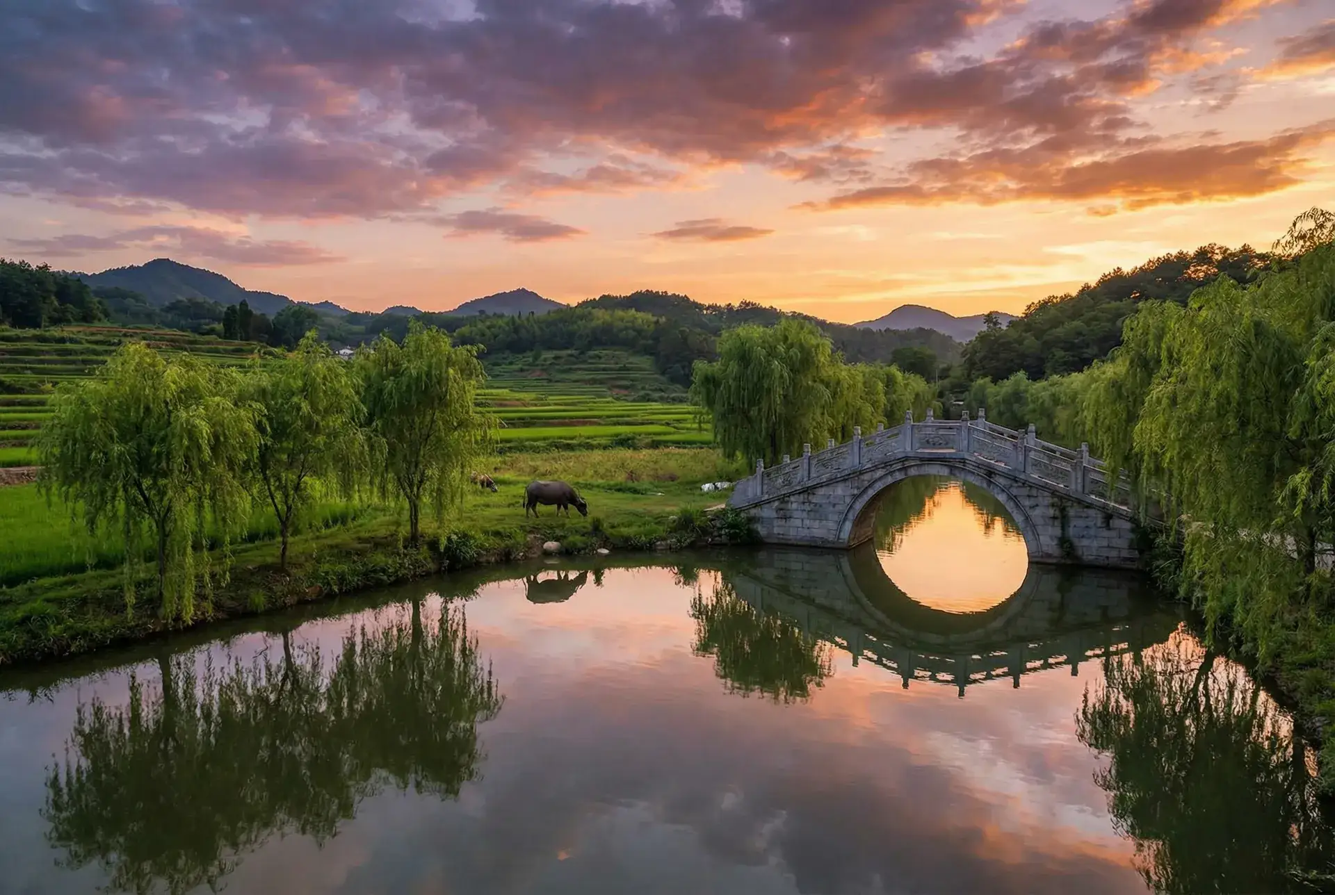 夕阳下的石拱桥与垂柳，水牛在河边吃草 - 伊人在线 乡村美景