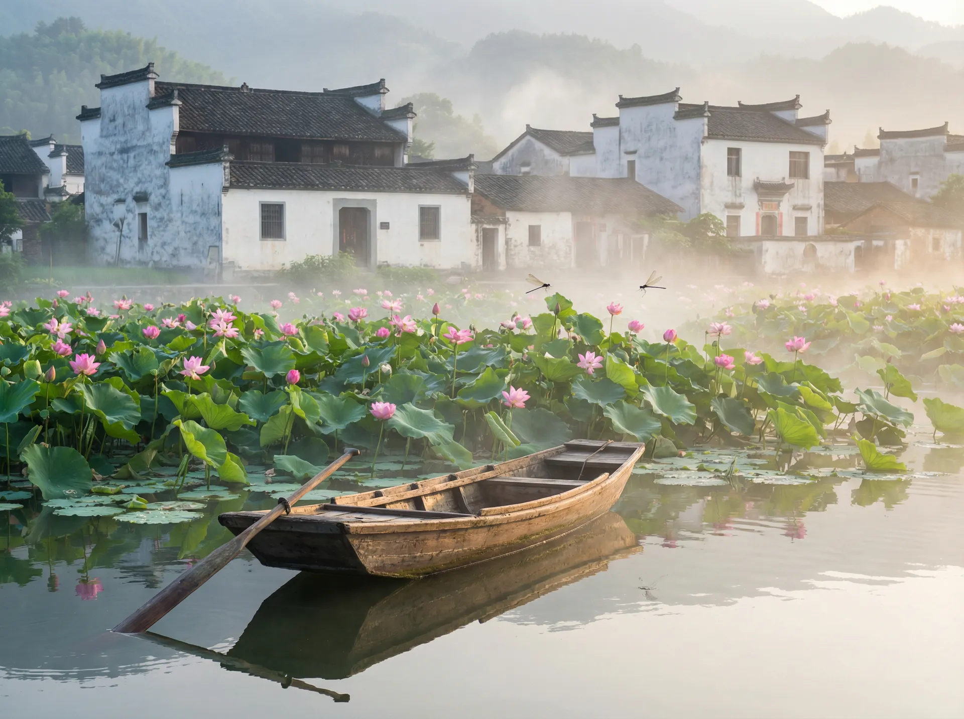 清晨荷塘小舟，粉色荷花盛开，白墙黑瓦的村庄 - 伊人在线 水乡风情
